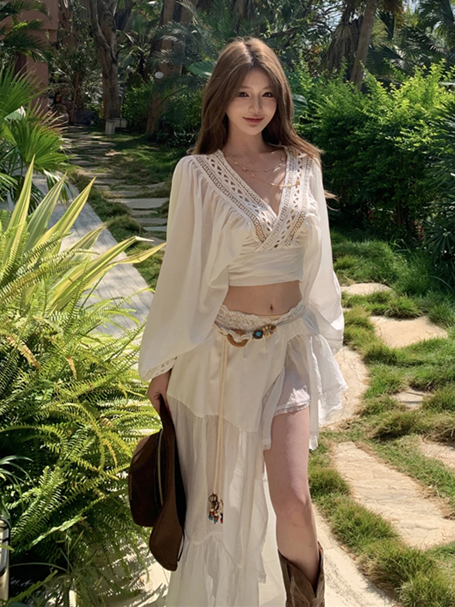 Vacation Style Crossed Lace Insert Soluble Embroidery Irregular Patchwork Shirt Top Belted  Skirt Set Women's Fashion
