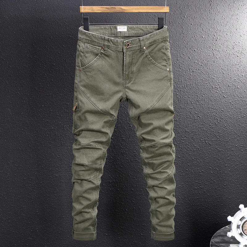 

Y2K Designer Fashion Men Jeans Green Stretch Slim Fit Zipper Pocket Patched Denim Cargo Pants Hombre Vintage Casual Jeans Men