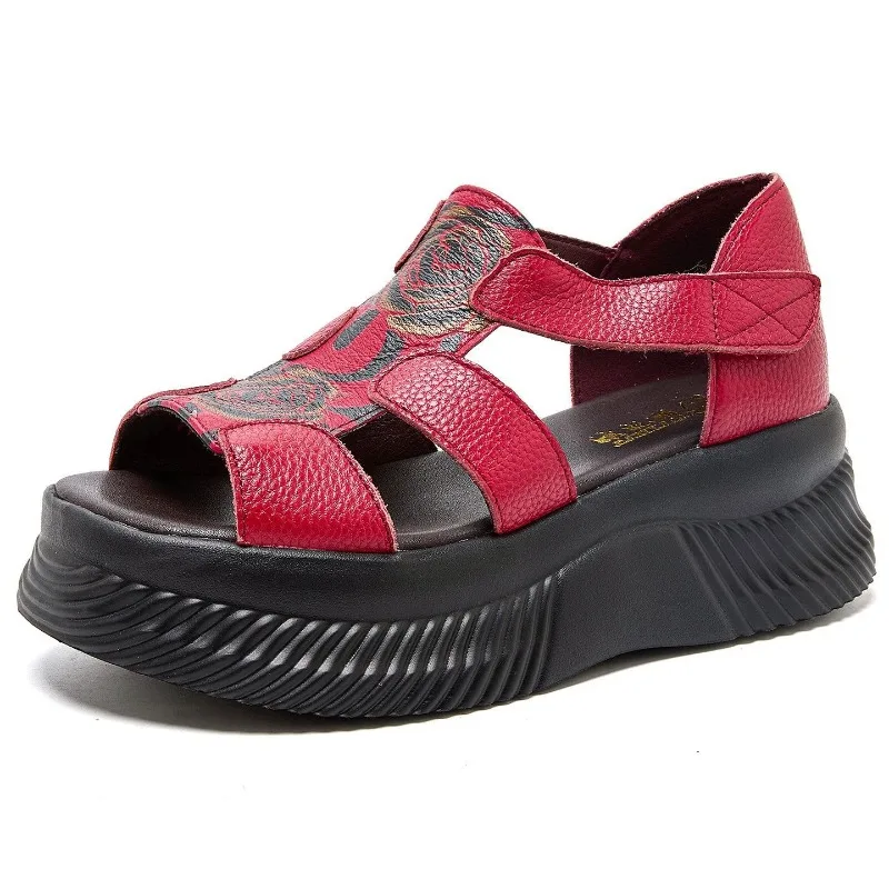 6cm Cow Genuine Leather Flats Mary Jane Elthnic Platform Wedge Peep Toe Comfy Hook Shoes Fashion Pumps Chunky Heels Women