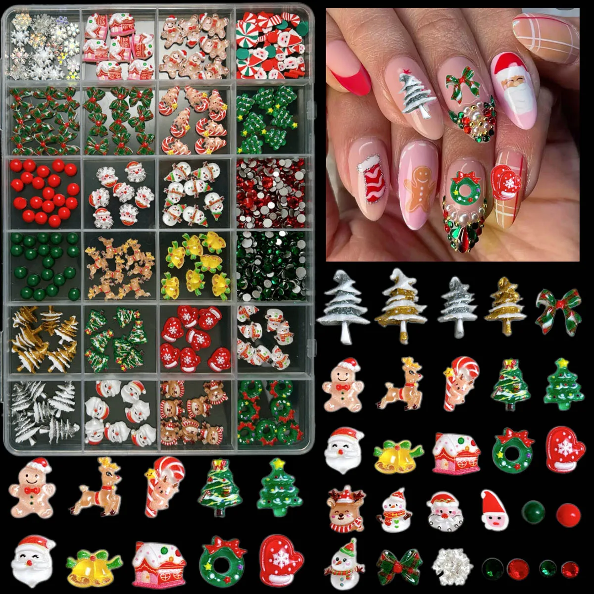 1박스 창의적이고 귀여운 레진 크리스마스 시리즈 네일 참 장식 만화 그림 산타클로스 엘크 하우스 혼합 네일 아트 장식 DIY 네일