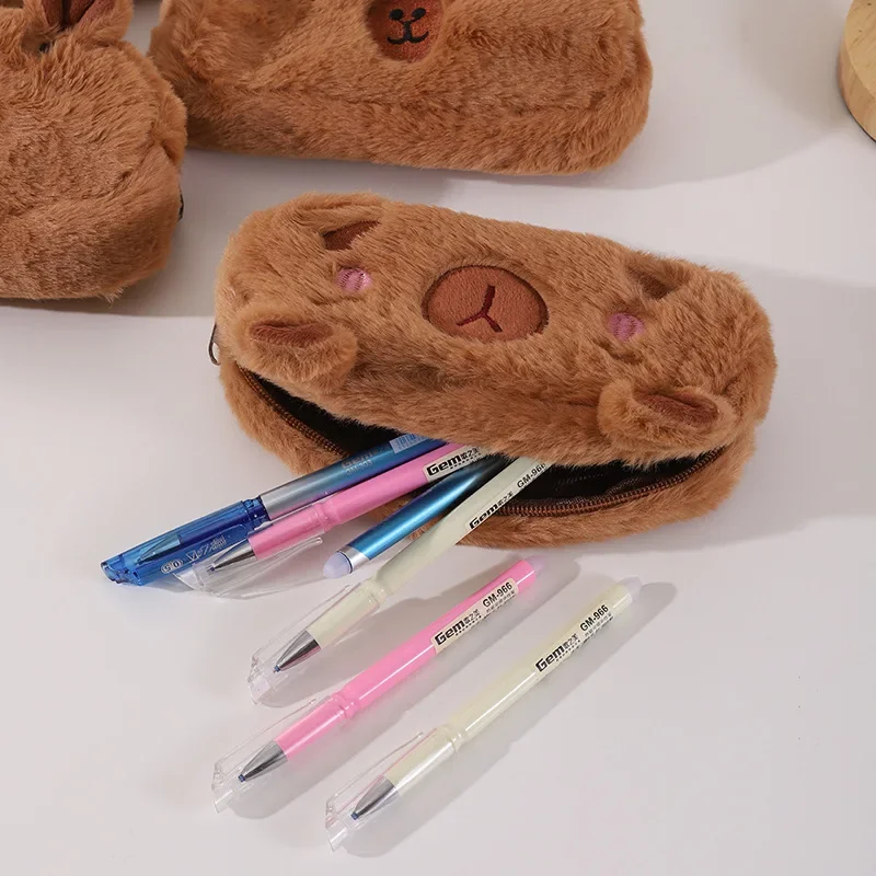 Lindo estuche de lápices de felpa Capybara, bolsa de bolígrafo de conejillo de indias, bolsa de lápices de gran capacidad, suministros escolares, caja de papelería