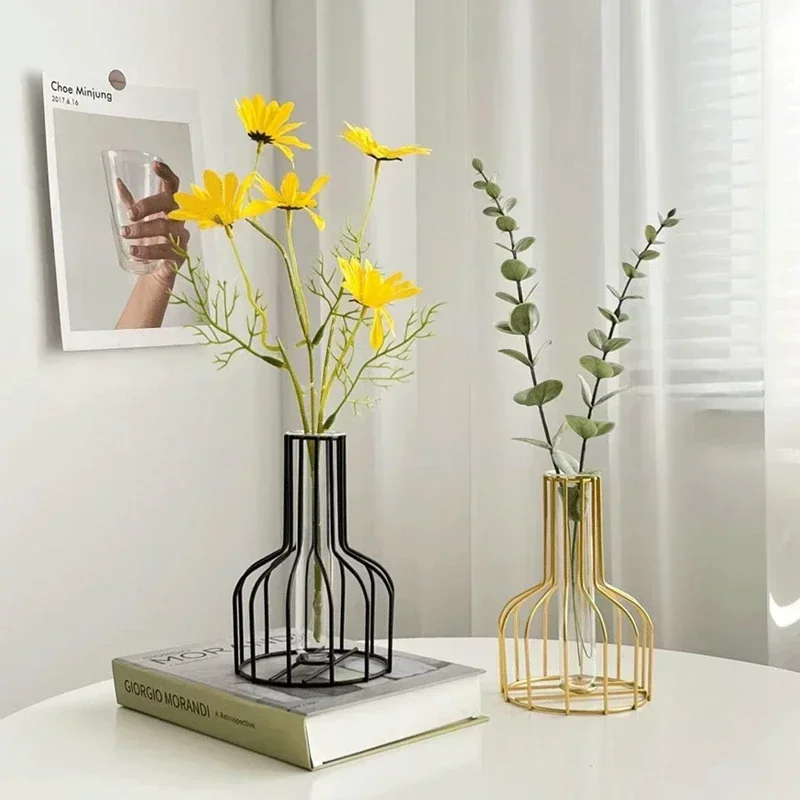 Light Luxury Iron Home Table Living Room Decoration Transparent Vase Flower Arrangement Hydroponic Container Decoration