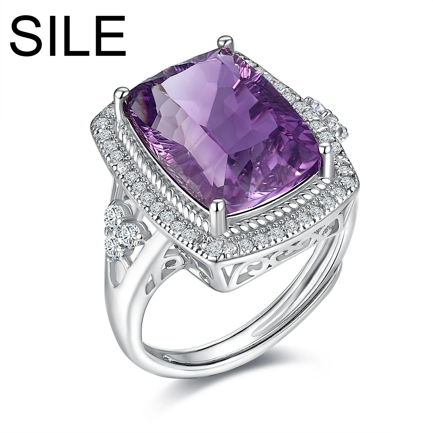 

SILE Natural Amethyst 925 Sterling Silver Adjustable Rings For Women Luxury Big Gemstone Jewelry Finger Jewel Party Dating Gifts