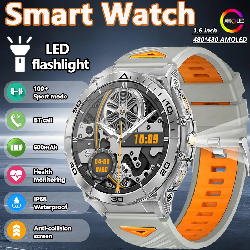 

2025 Новый светодиодный фонарик, спортивные умные часы, Ultra HD-экран, аккумулятор 600 мАч, Bluetooth-вызов, IP68, водонепроницаемый монитор здоровья, умные часы