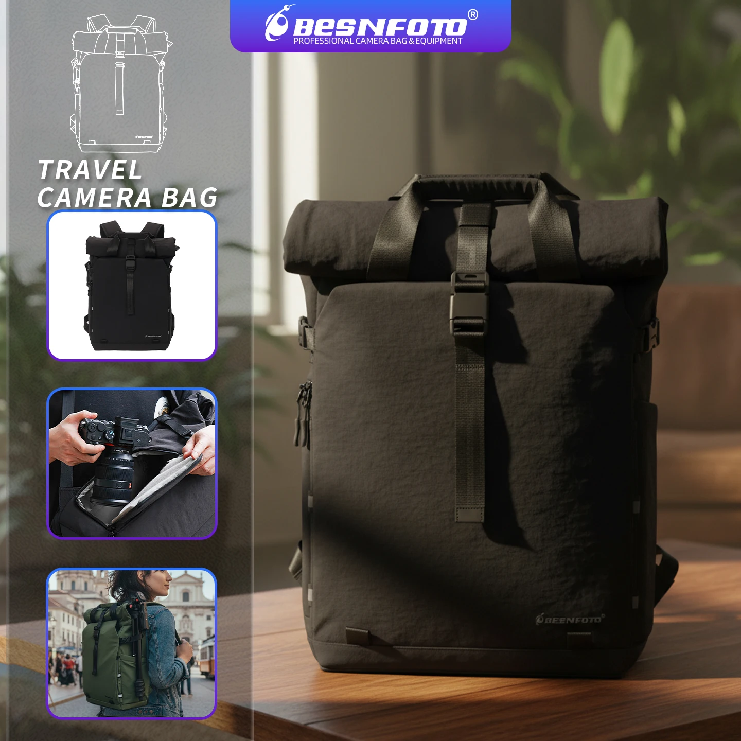 Sac à dos pour appareil photo professionnel Besnfoto, étanche, extensible, à enroulement, pour appareils photo reflex numériques, sans miroir, drones, sac de photographie, compatible avec ordinateur portable de 16 pouces