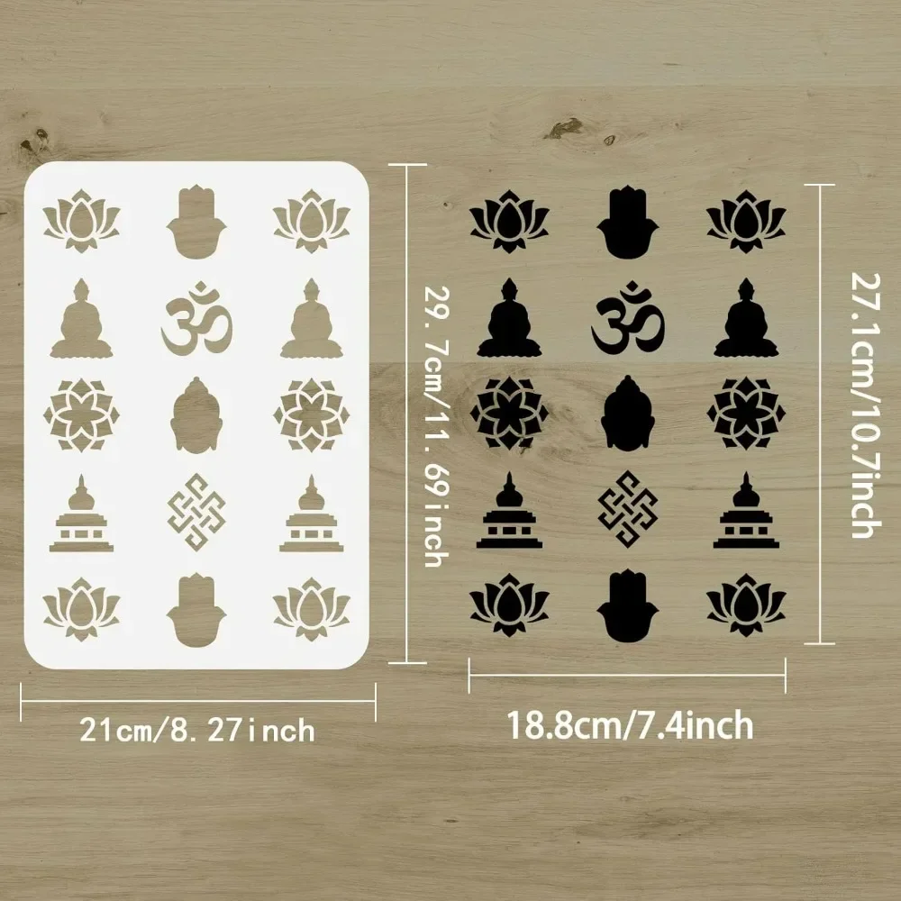 Buddhism Buddha Pattern Stencil 8.3x11.7inch Reusable PET Plastic Lotus Drawing Stencil DIY Craft Eternal Knot Hamsa Hand