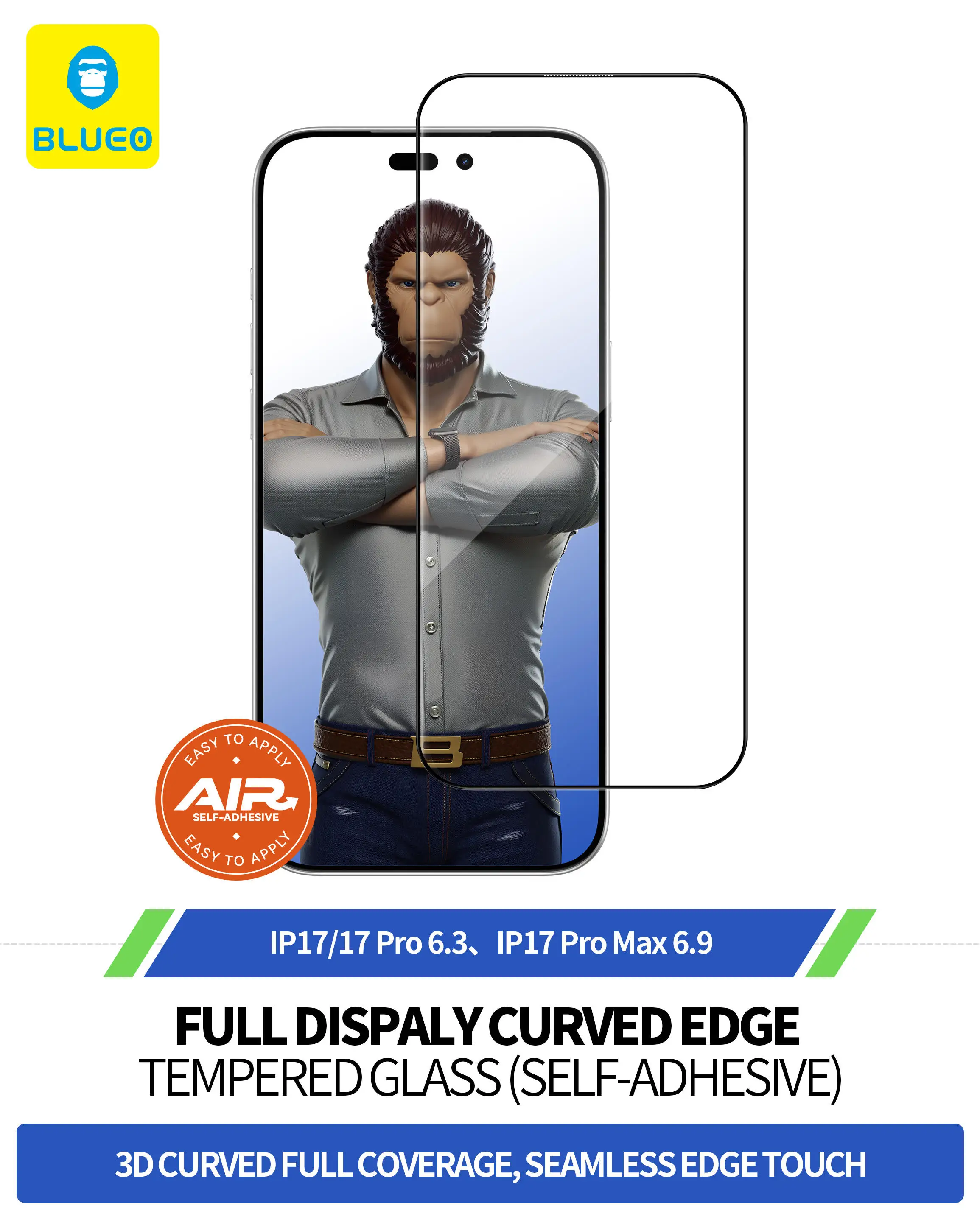 

Blueo For iphone 17 pro max Screen Protector 3D HD SELF-ADHESIVE HOT BENDING For iphone 17 pro with [Alignment Frame]