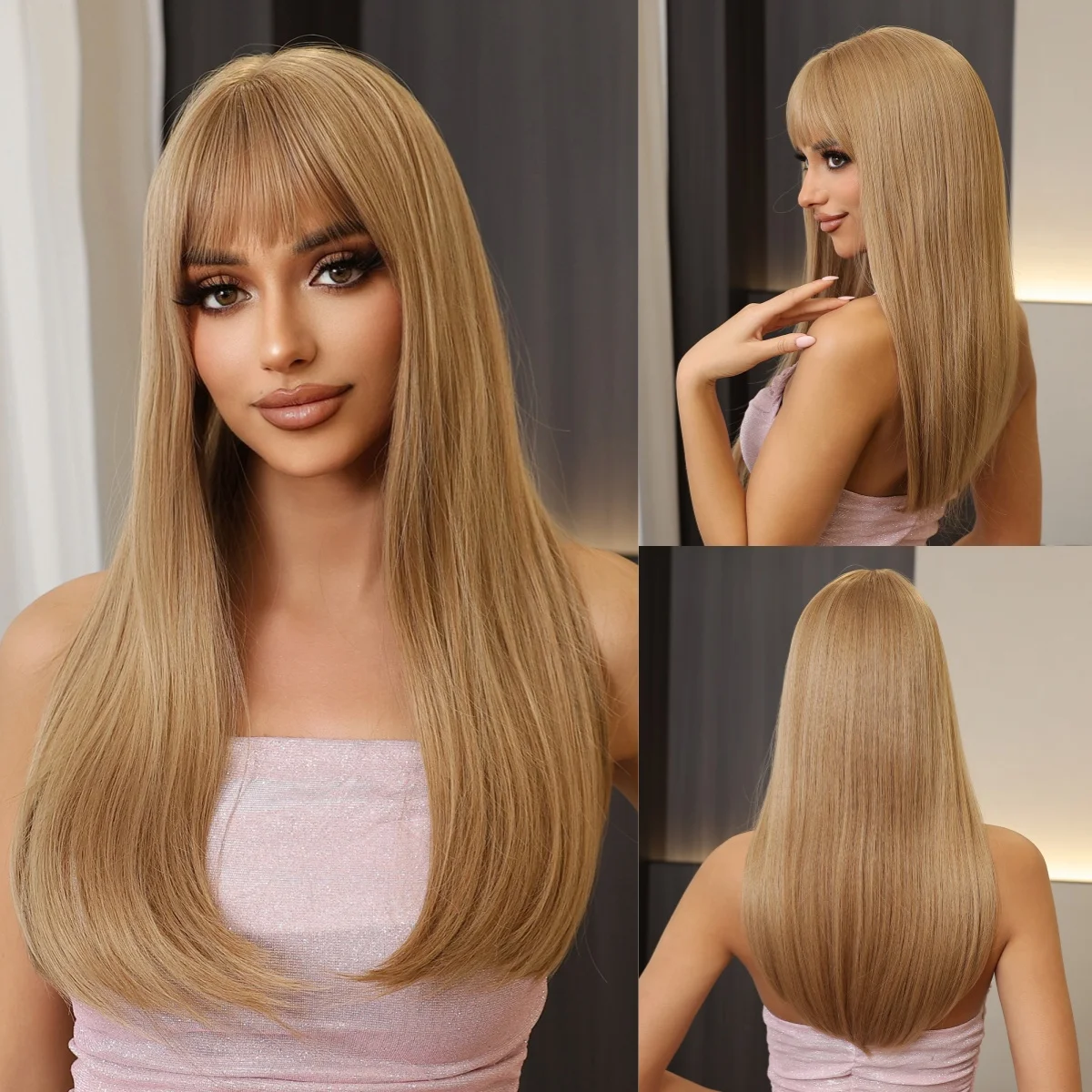 شعر مستعار ذهبي طويل مستقيم مع الانفجارات غير حادة للنساء ، شعر لوليتا تأثيري ، ألياف درجة حرارة عالية ، بني فاتح ، حفلة #1