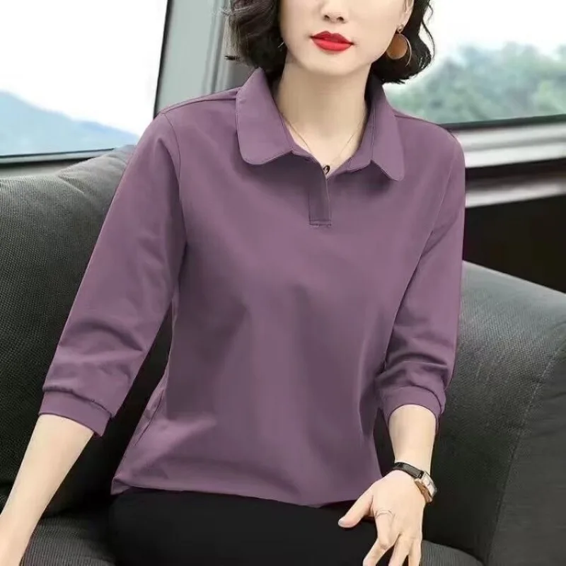 Haut décontracté en coton à col polo et manches 3/4 pour femmes matures, coupe ample, cache-ventre, basique, du L au 4XL
