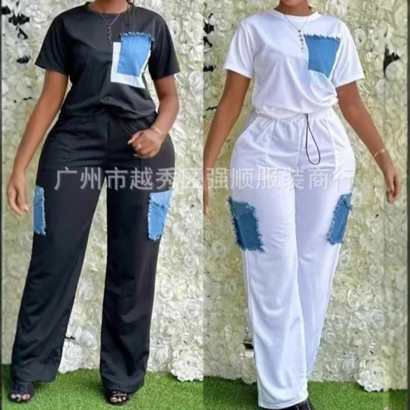 2 Piece Women Set Dashiki Denim African Clothes Summer New Fashion Short Sleeve Top And Pants Suit Party Lady Matching Sets