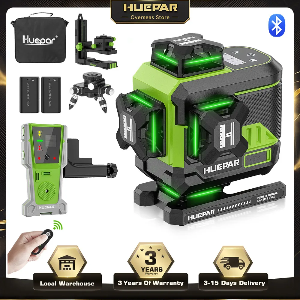 Huepar Z04CG + LR-8RG 4D 16 linee Fascio verde Linea trasversale Livello laser Schermo LCD Bluetooth e telecomando con 2 batterie agli ioni di litio