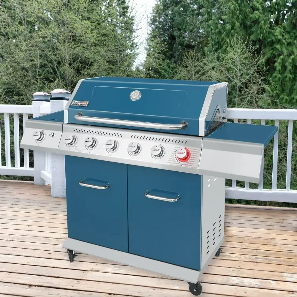 6-Burner Propane Gas Grill with Side Burner and Warming Rack, 74,000 BTUs, Cabinet Style BBQ Grill for Backyard Cooking, Blue