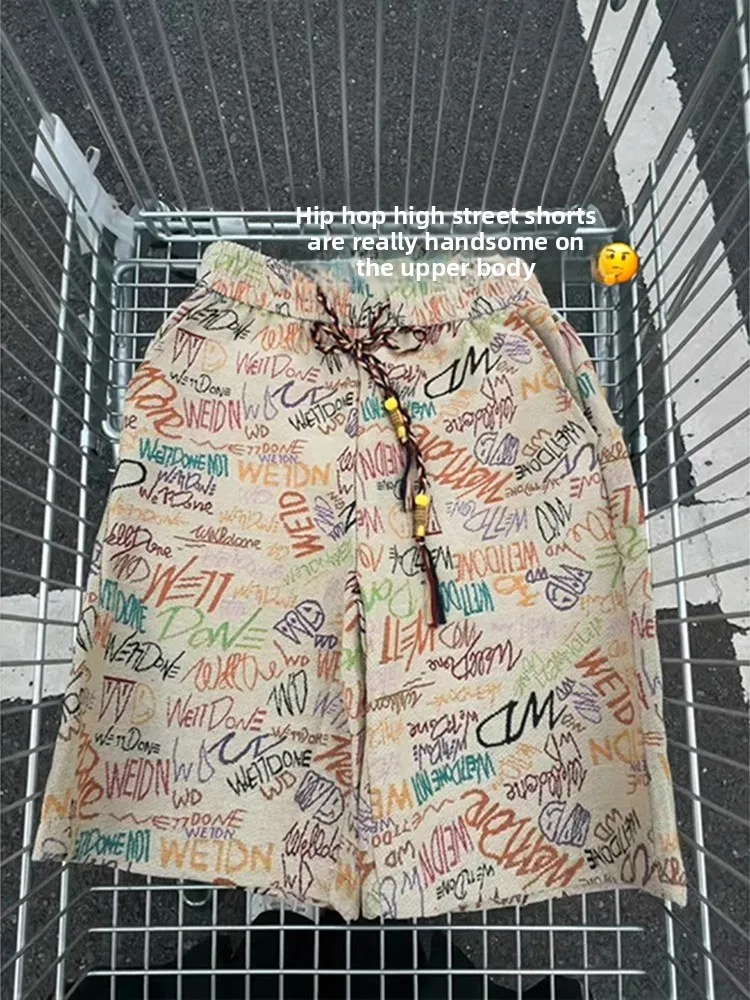 American Fiti Gestrickte Orts Herren Sommer Dünne Trendige Marke Brief Drucken Strand Vaion Fünf-Viertel Länge Gerade Bein...