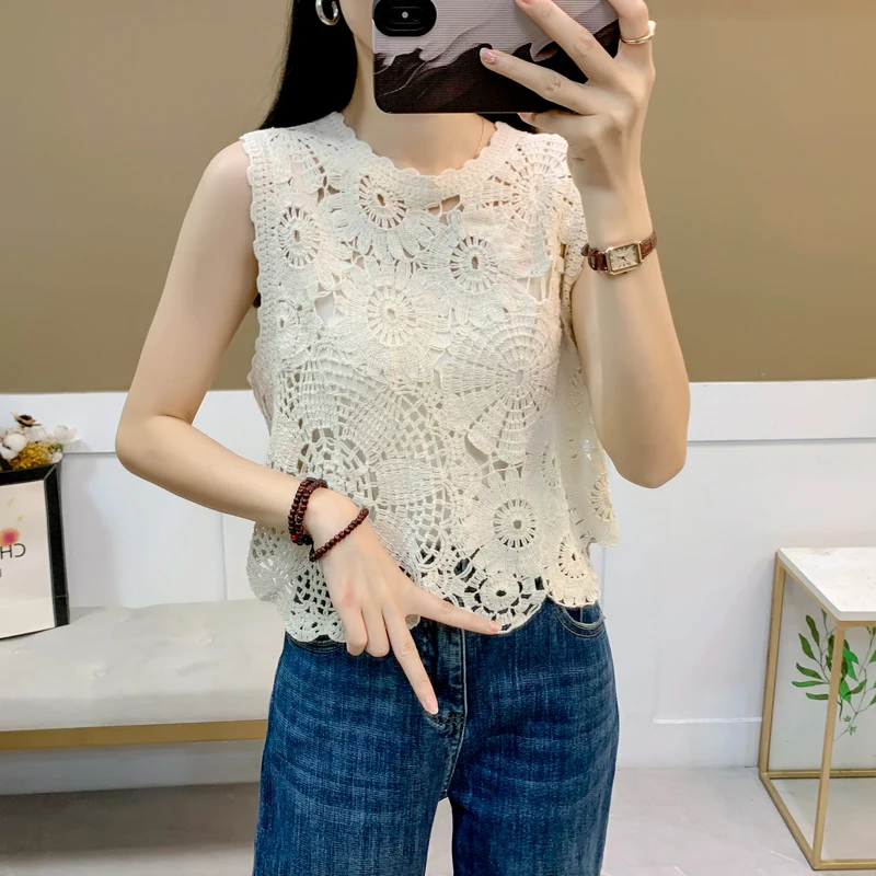 Ele évider ort Sve tricot couvrir femme une pièce été Faion haut coton coupe ample couleur gilet