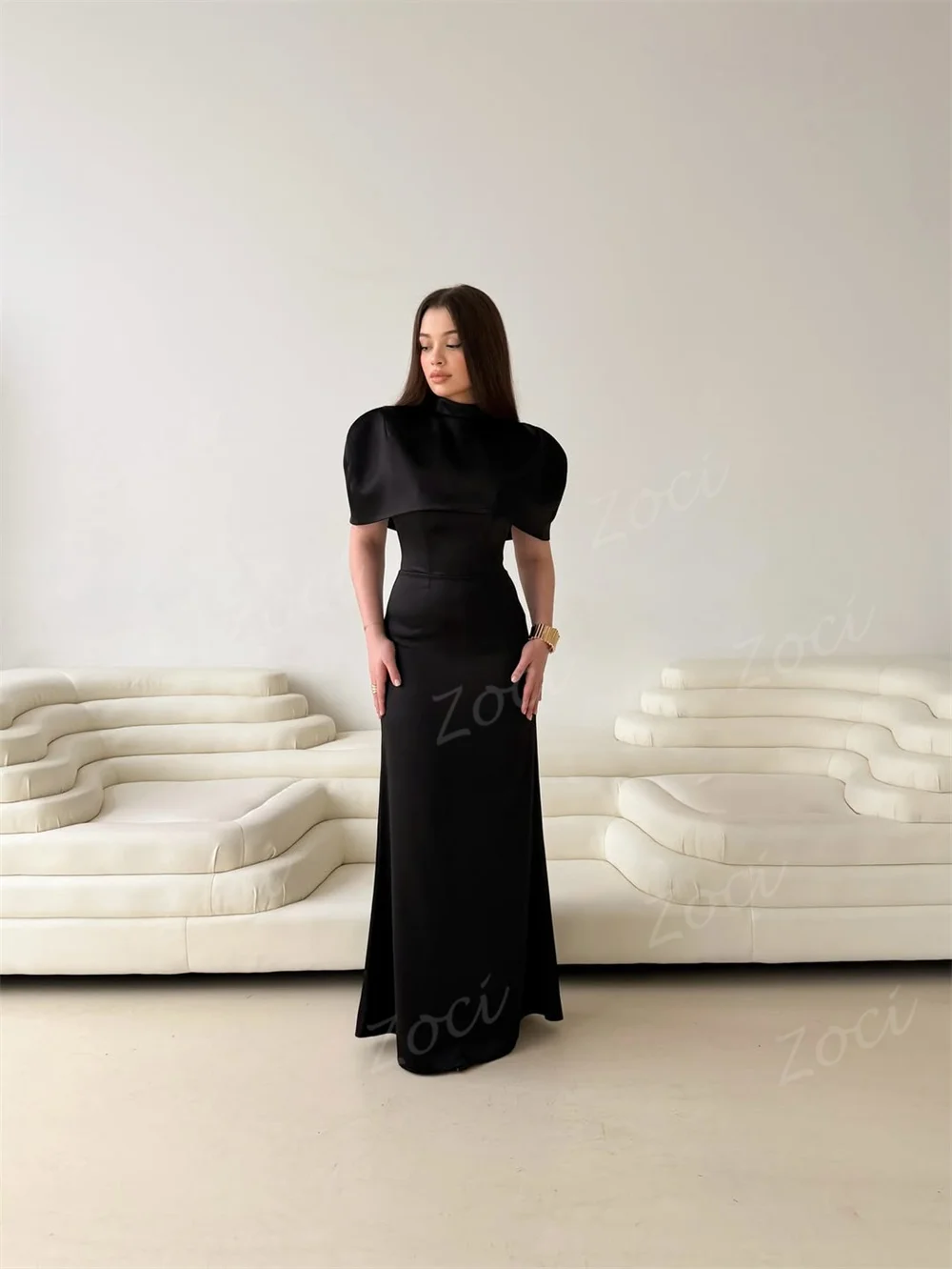 Sukienka wieczorowa Zoci, formalna, satynowa, z wysokim dekoltem, rękawami 3/4, krój syreny, na kolację, bankiet, czarna sukienka dla gości weselnych, szyta na miarę.