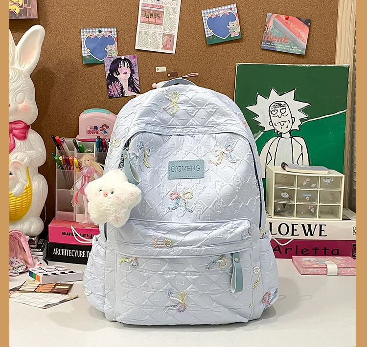 Colorful Bow Full Print Ruched Fabric Backpack Four Colors Available Large Capacity Girls Junior High High School School Bag