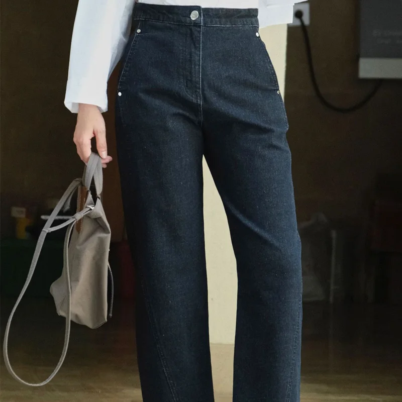 Spring Autumn Women\'s Casual Solid Color High Waist Straight Jeans