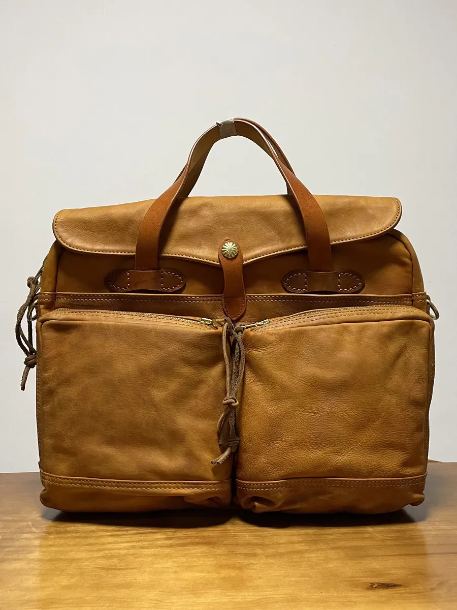 Handmade men's 15 inch head layer vegetable tanned cowhide portable leather briefcase computer bag