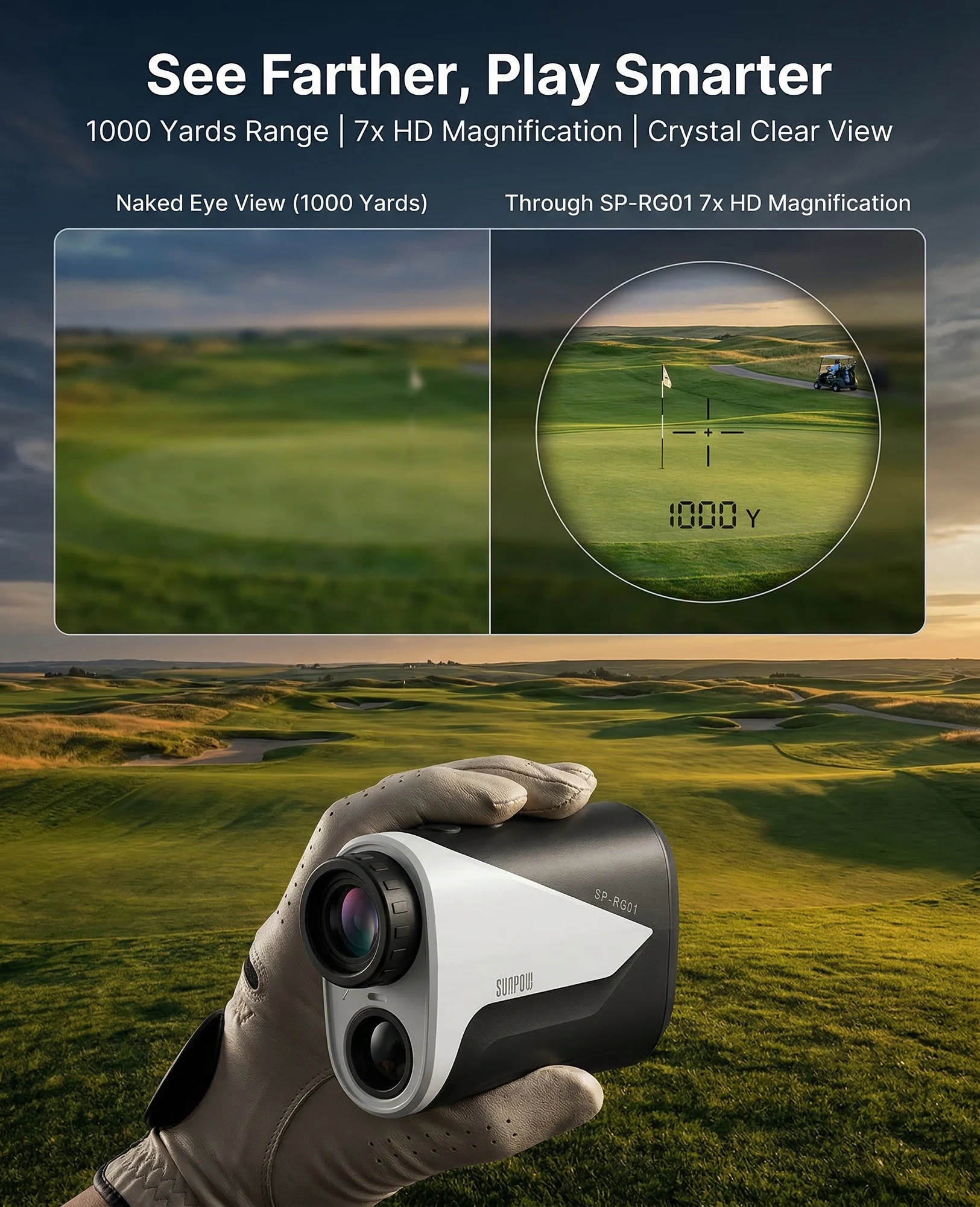 SUNPOW Golf Range Finder with Slope – Fast & Accurate 1000 Yards Laser Rangefinder ±1 Yard Precision, 7X Magnification, Flag Lock with Vibration, 5 Modes, Rechargeable, Clear LCD Display & Waterproof
