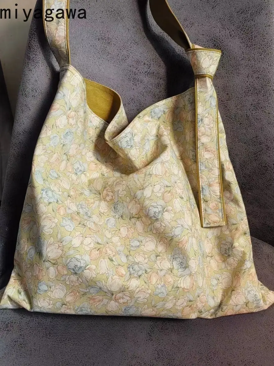 

Холщовая большая сумка Miyagawa с цветочным принтом, новинка 2024, повседневные женские сумки через плечо большой вместимости на одно плечо
