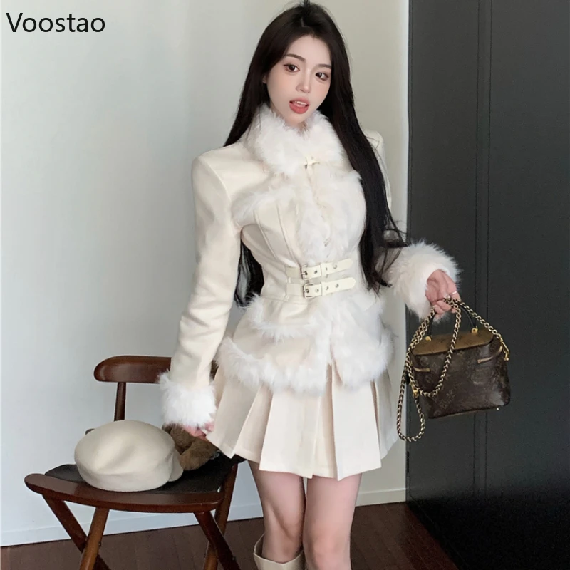 Koreanische 2 Stück Rock Set Frauen elegante Kunst pelz Patchwork Y2k Jacke Mini Falten rock Anzug weibliche Freizeit mode rote Mantel Sets