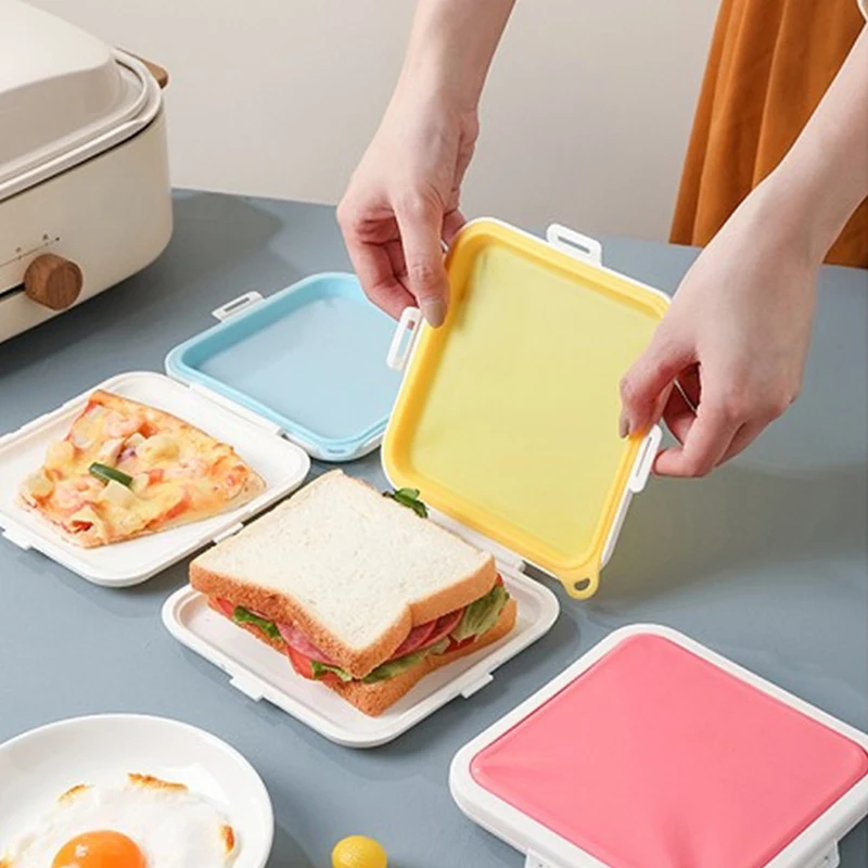 Caja de almacenamiento portátil de silicona para sándwich de microondas, contenedor reutilizable para tostar, caja de almuerzo para desayuno escolar