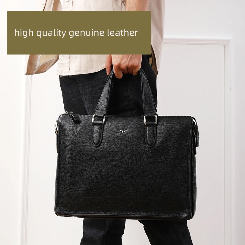 Business Leather Men Briefcase Natural Cowhide Fashion Handbag Casual Shoulder Diagonal Bag Suitable for 14 Inch Laptop Tote Bag