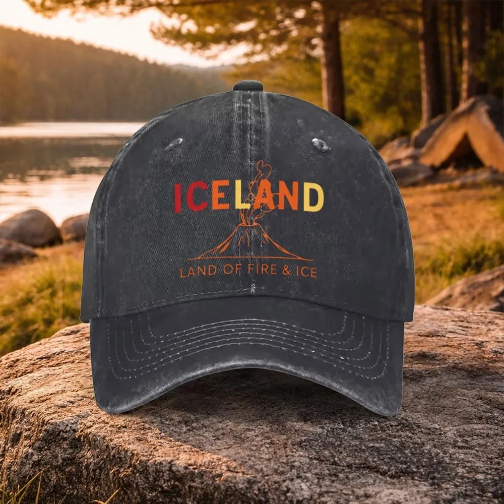 Iceland-Volcano-Print-Washed-Baseball-Cap-Unisex-Adjustable-Cotton-Cap-for-Outdoor-Golf-Casual-Wear