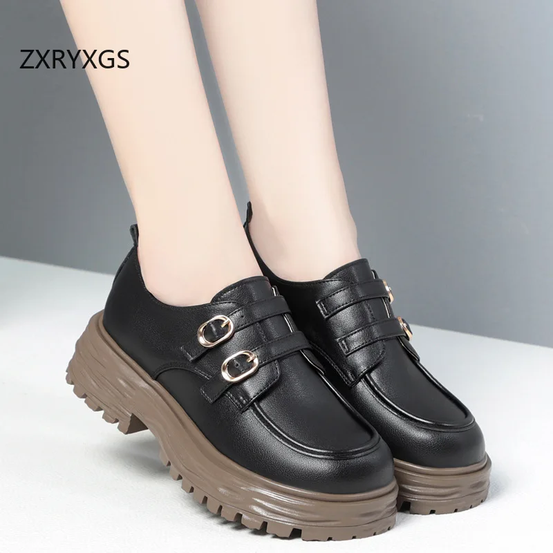 ZXRYXGS British Genuine Leather Shoes Thick Sole Non-slip Heightening Shoes Woman High Heels 2024 Elegant Comfort Loafers Shoes