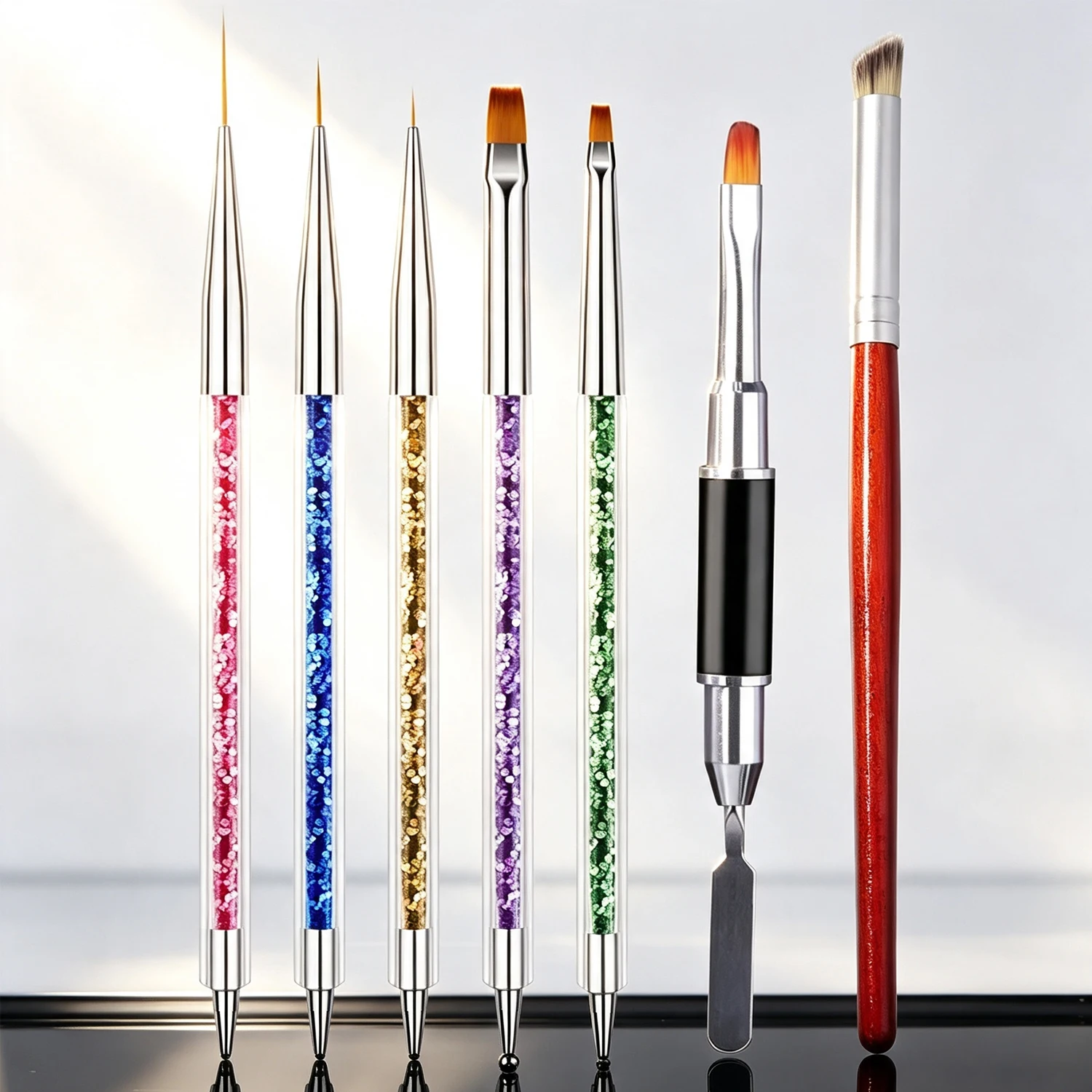 YIKOOLIN 7-teiliges professionelles Nagelbürsten-Set mit Doppelkopf, Rüstungsdesign für UV-Gel-Nagelkunst-Werkzeug-Set für Maniküre in Salonqualität