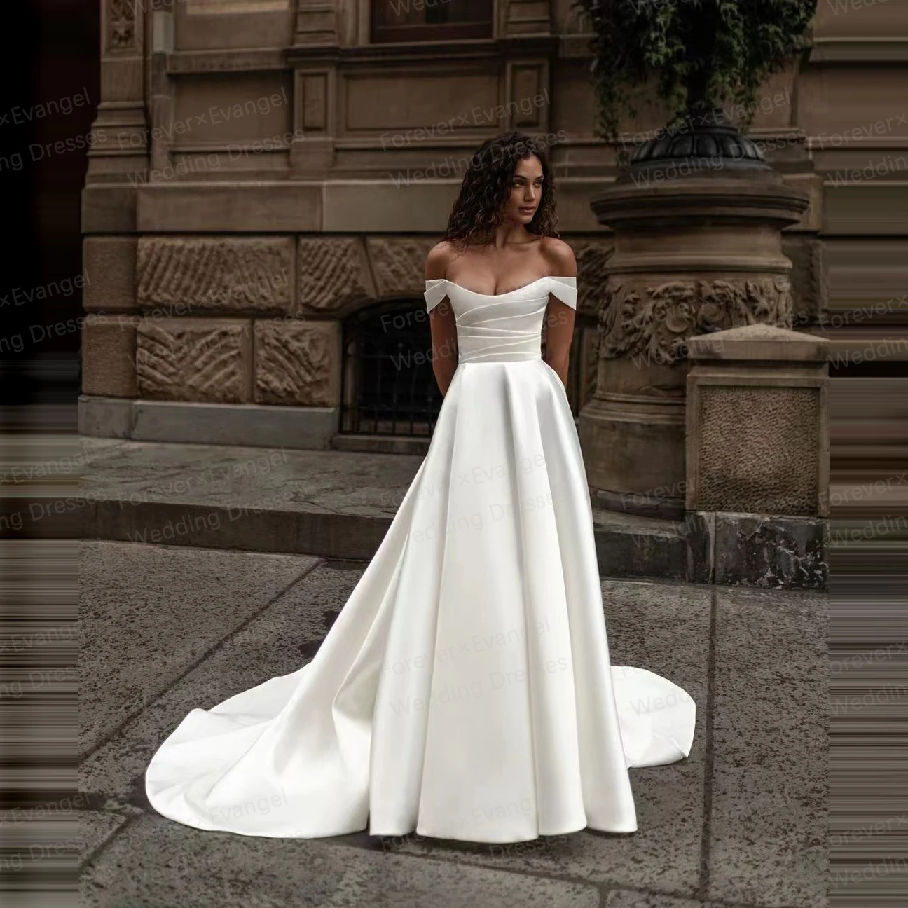 Simple Wedding Dresses A Line Woman's Sexy Boat Neck Sleeveless Off The Shoulder Bride Gowns Sweep Train Satin Vestidos De Noche