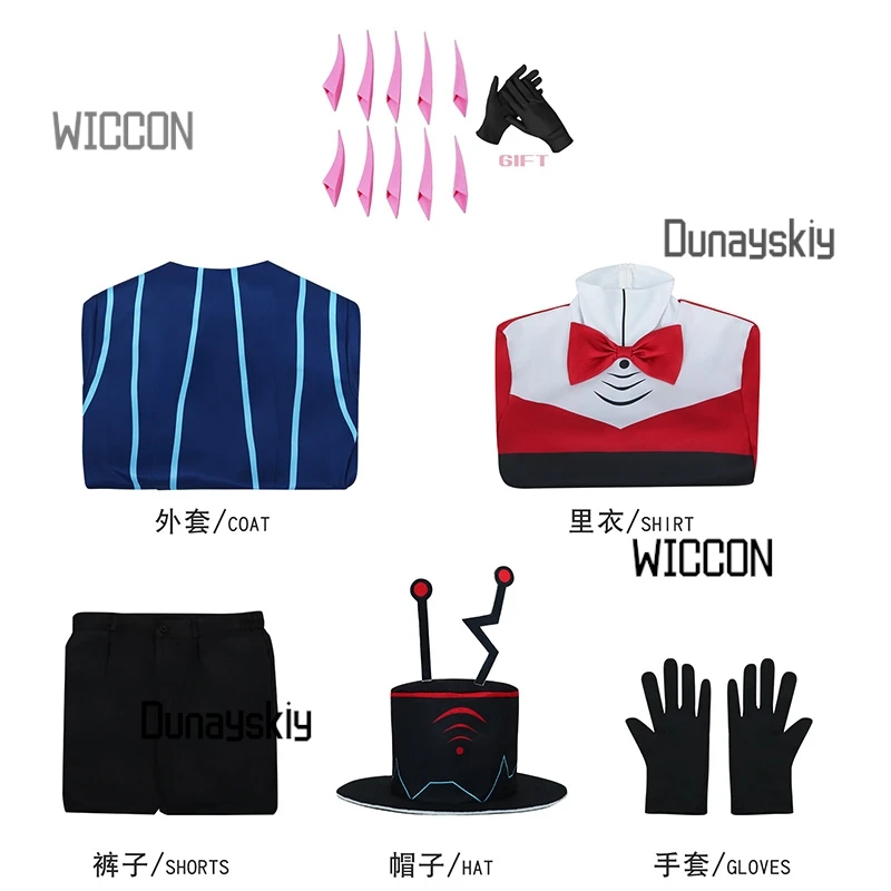 مجموعة كاملة من أزياء Hazbin Vox بدلة أنيمي باللون الأزرق والأحمر مع ملحقات ثلاثية الأبعاد معطف موحد للبالغين في كرنفال الهالوين وعيد الميلاد