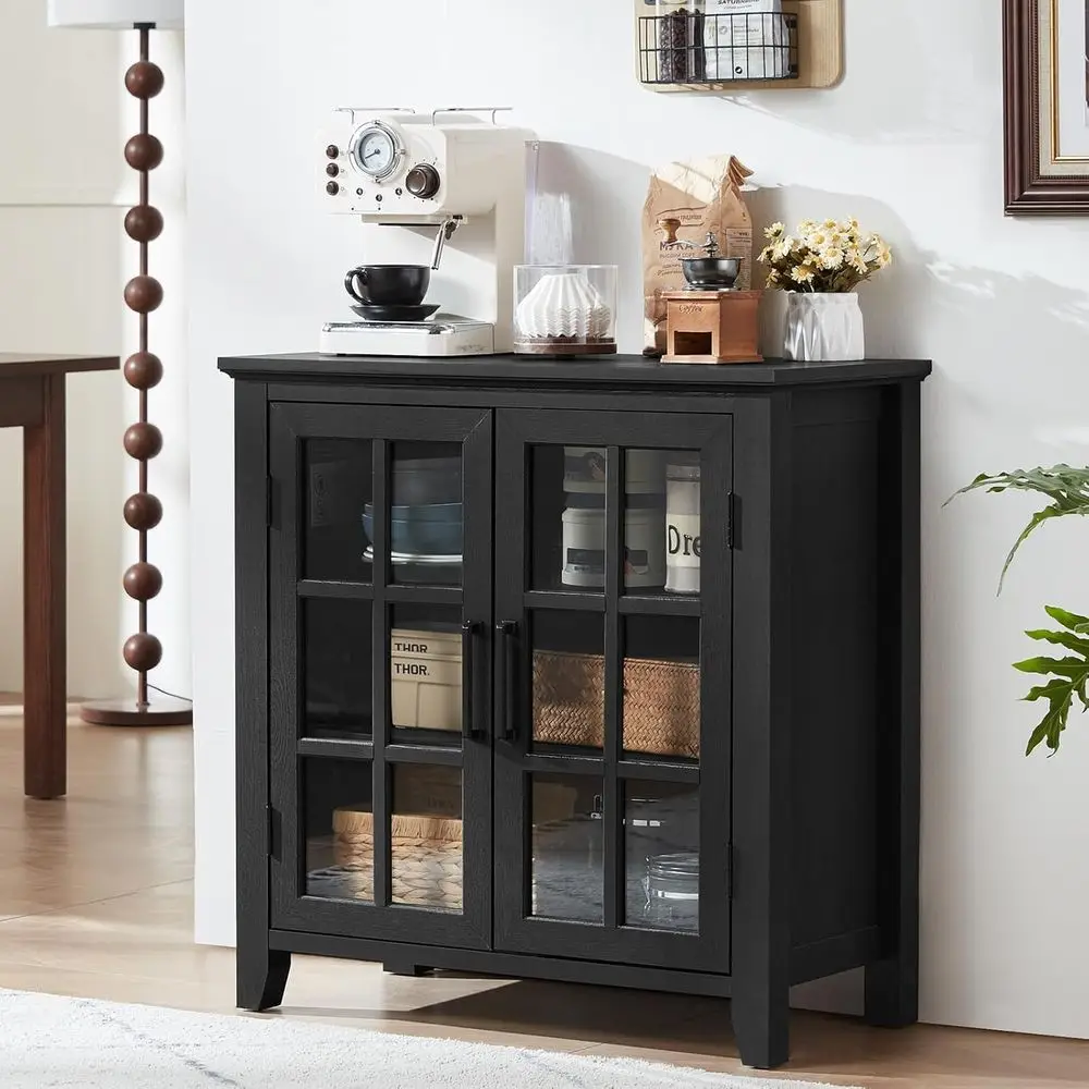 

32 Black Contemporary Sideboard with Glass Doors, Storage, and Wine Bar for Kitchen, Dining, and Living Spaces
