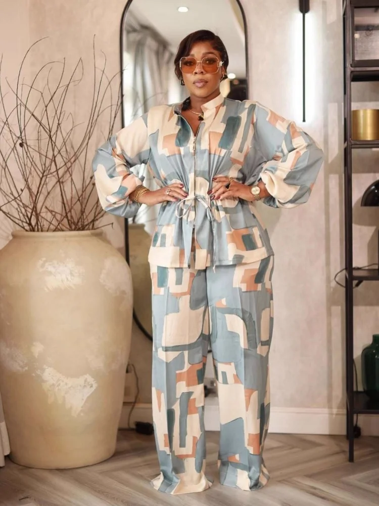 

Wmstar Two Piece Set Women Wholesale Elegant Commuter Stand Up Collar Printed Drawstring Waist Cinching Long Sleeved 2025