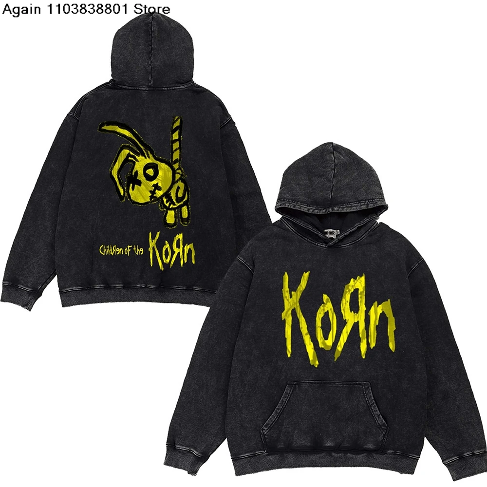 Korn Rock Band Hoodies Vintage WORLD TOUR Washed Sweatshirts Cartoon Metal Music Streetwear 100%Cotton Casual Oversized Pullover