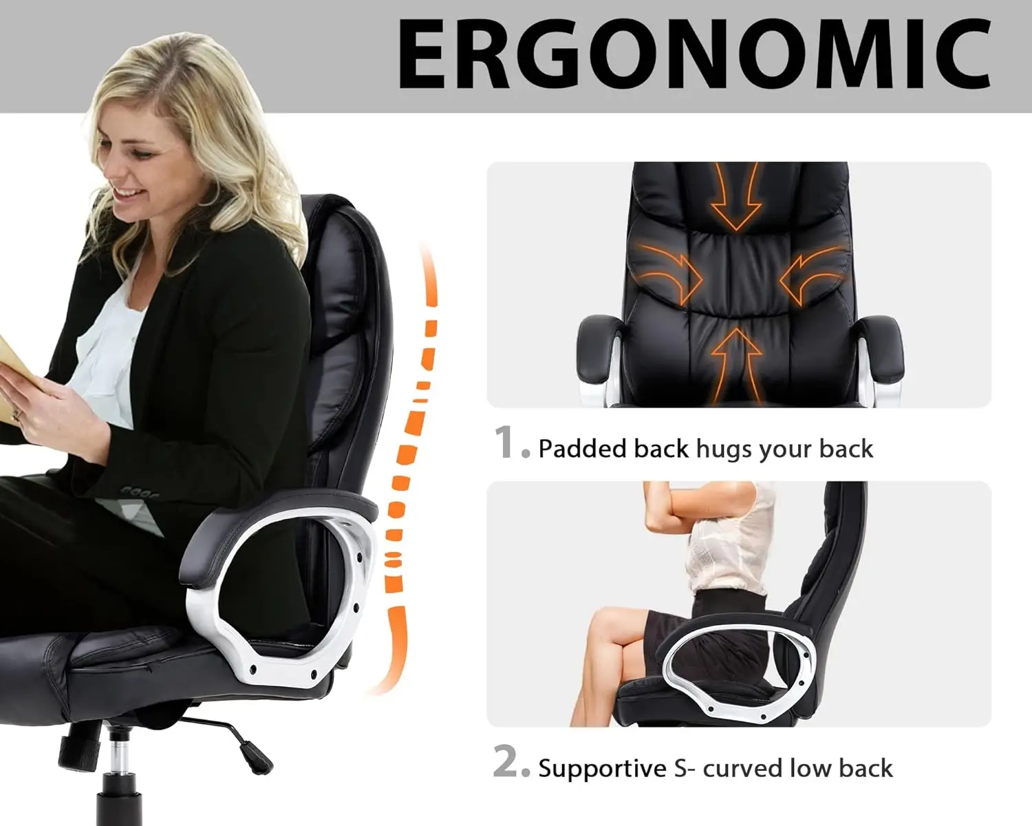 

Ergonomic Office Chair, Height Adjustable Pu Leather Office Chair With Padded Armrests And Lumbar Support, 250 Lbs Heavy Duty