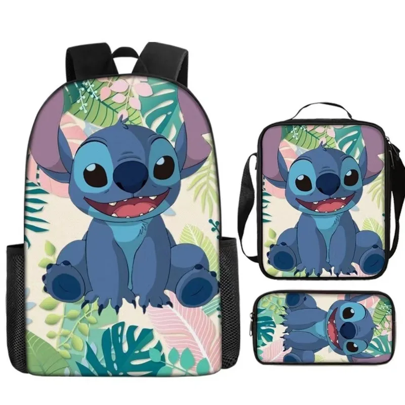 MINISO Stitch-Conjunto de tres piezas para niños, mochila para estudiantes, bolsa de viaje, bolso de hombro, estuche para lápices