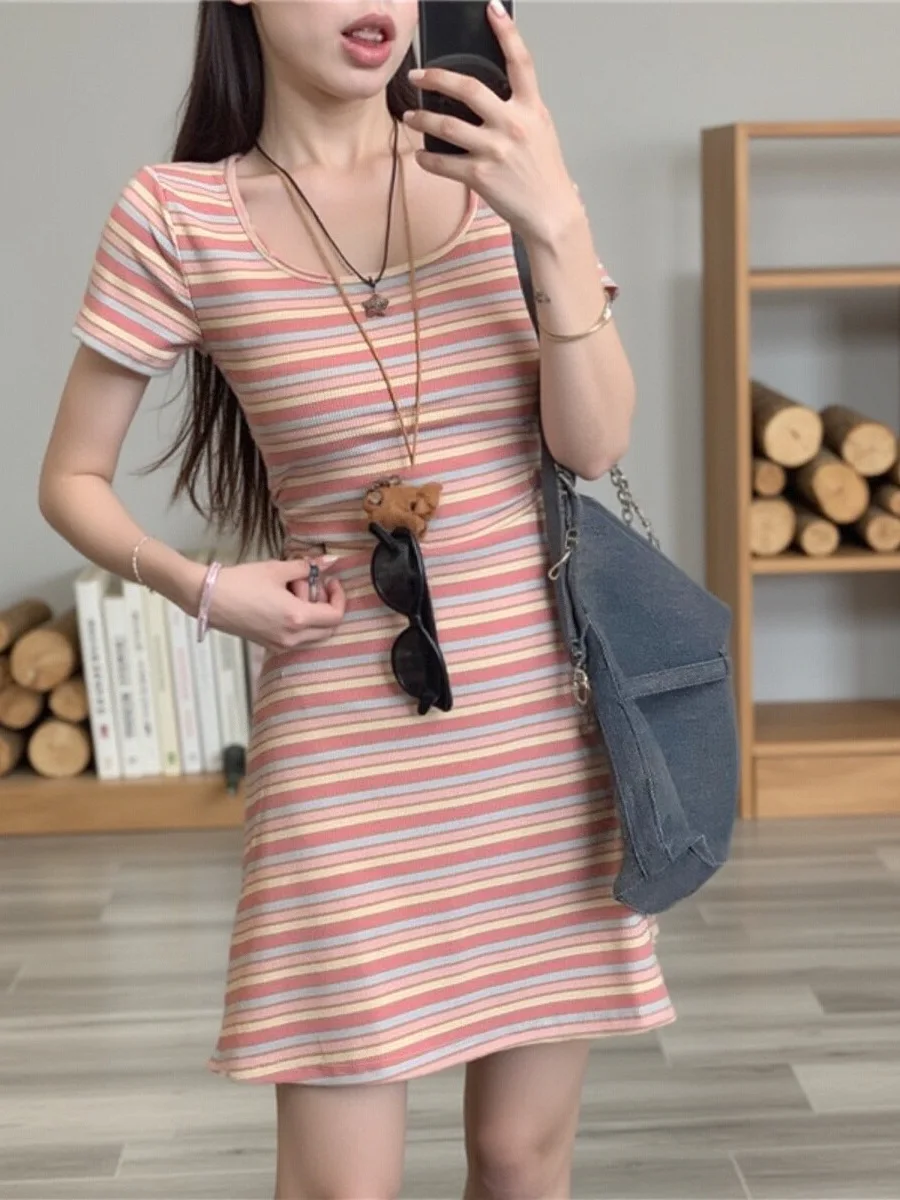 Été nouveau T-shirt mi-long Dr femmes ort-save coupe ajustée taille couchée rayé Faionable trajet Sle Dr