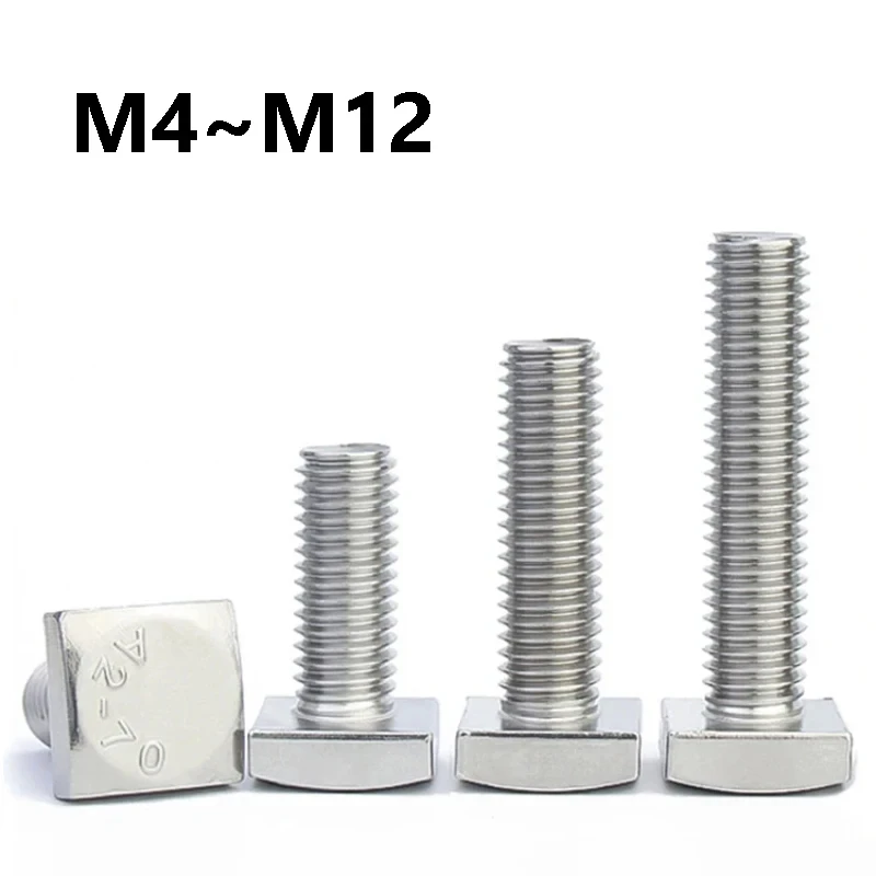 1~5Pcs 304 Stainless Steel Square Head Bolts M4 M5 M6 M8 M10 M12 Flat Foursquare Quadrate Shape Type Head Screw Bolts