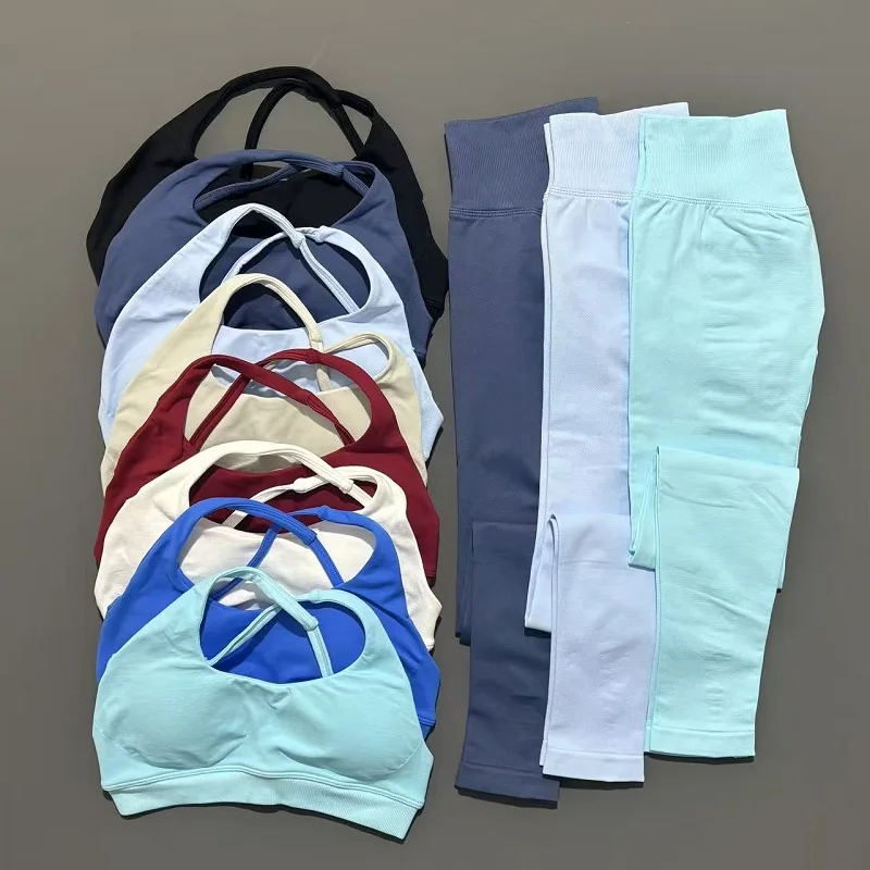 

2 Piece Women Workout Sets Seamless Yoga Leggings And Cross-Strap Sports Bra Gym Outfits Activewear Set Female Yoga Sportswear