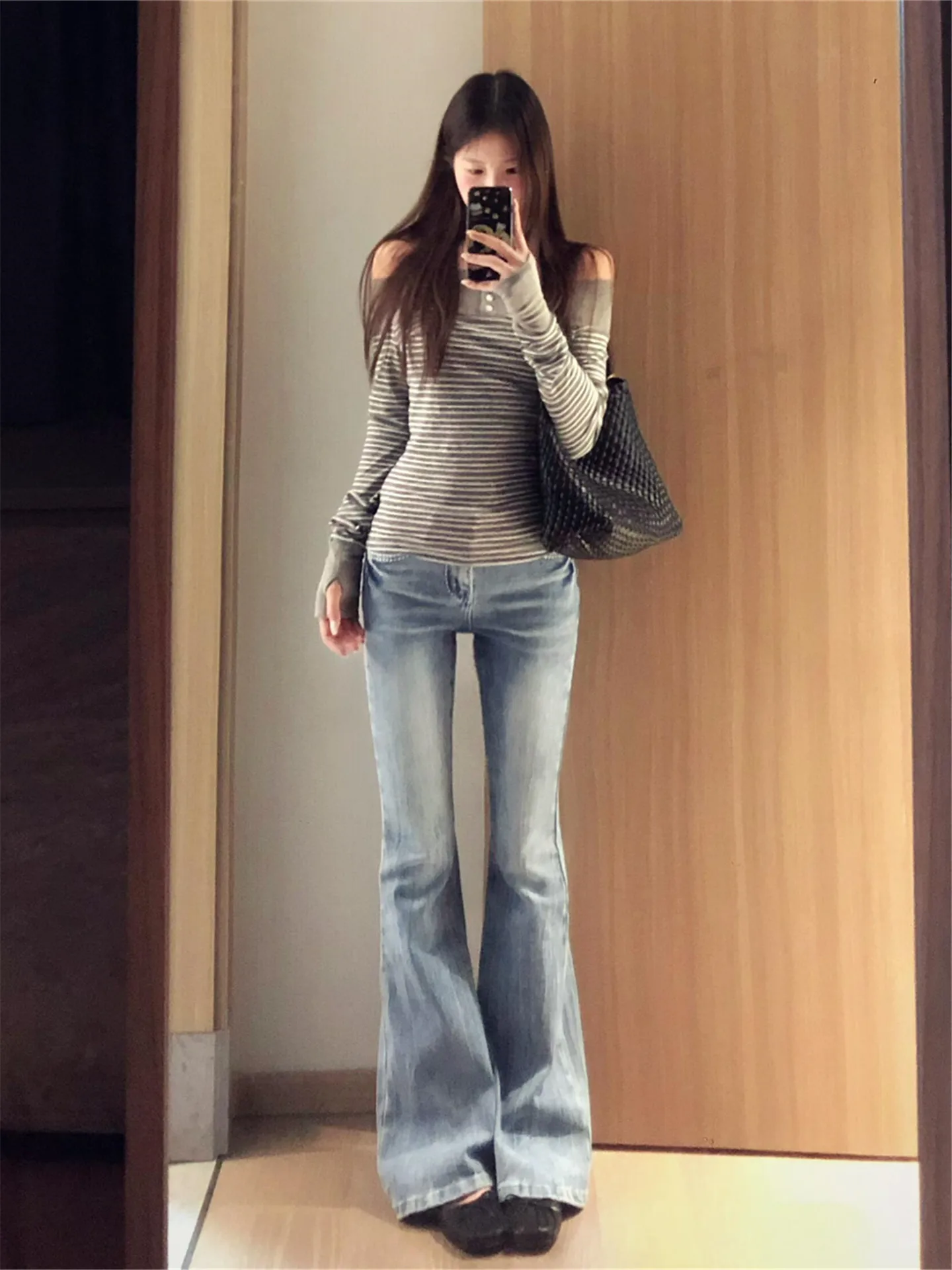 

American Style Vintage Low Waist Bell Bottom Denim Jeans Women's Slimming Washed Spring Fashionable Casual Cotton Pants