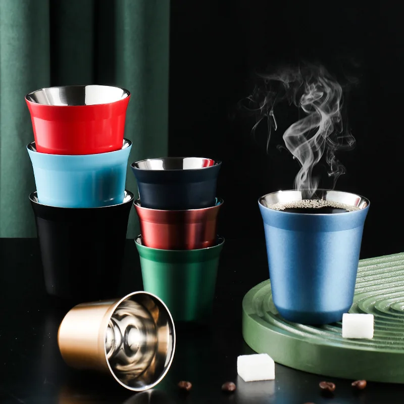 1pcs 80ml Mini Coffee Cups High Quality 304 Stainless Steel Double Wall Heat-insulating Coffee Cups Portable Small Drink Cups