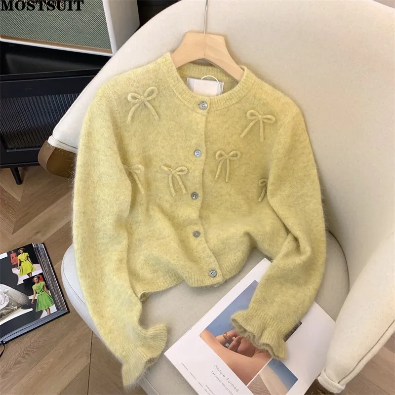 Bow Elegant Knit Cardigan Sweater Women 2024 Autumn Stylish Fashion Chic Ladies Tops Jumpers Long Sleeve Female Knitwear Femme