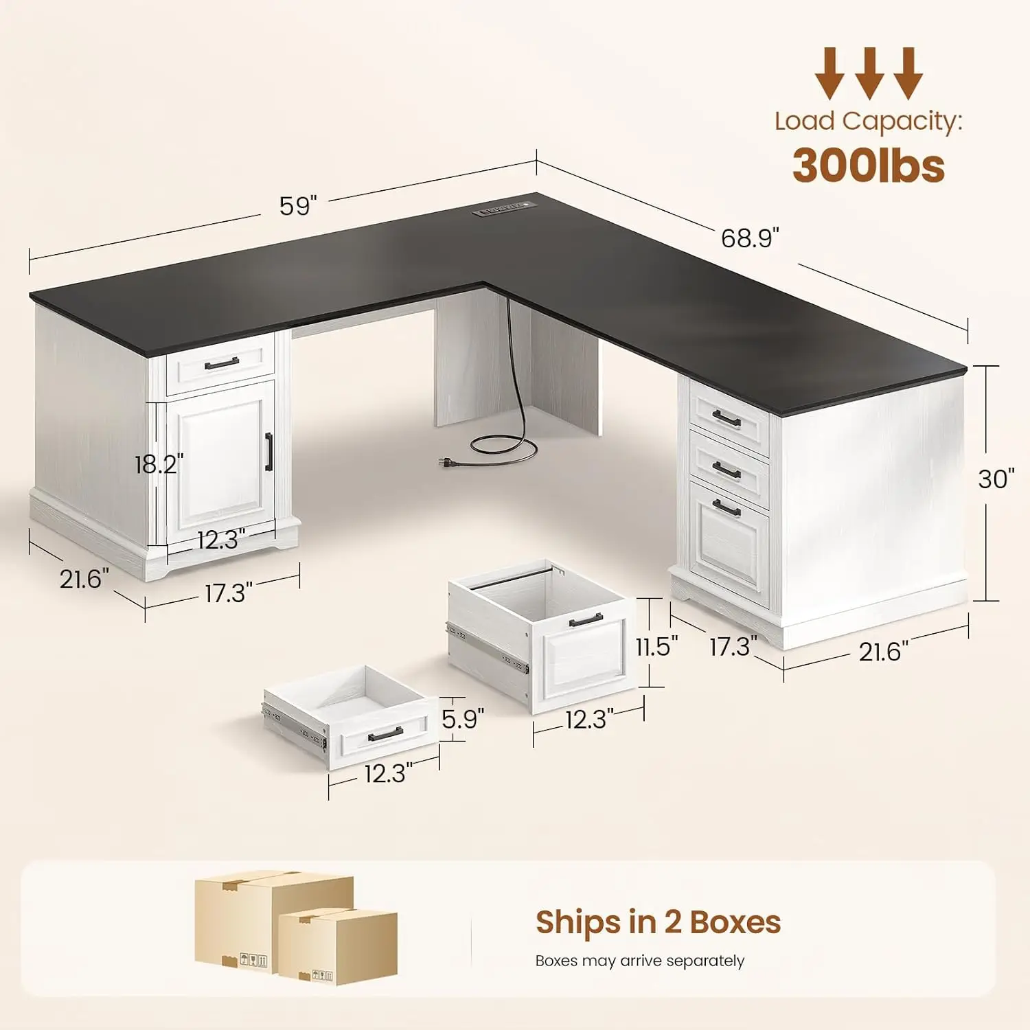 Large L Shaped Computer Desk with File Drawer, Power Outlet, Storage Cabinet for Home Office, White