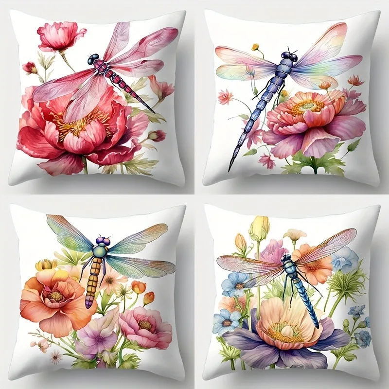 4pcs Contemporary Style Pillowcase Dragonfly Flowers Fiber Pillowcase Living Room Sofa Cushion Office Pad Home Room Decoration