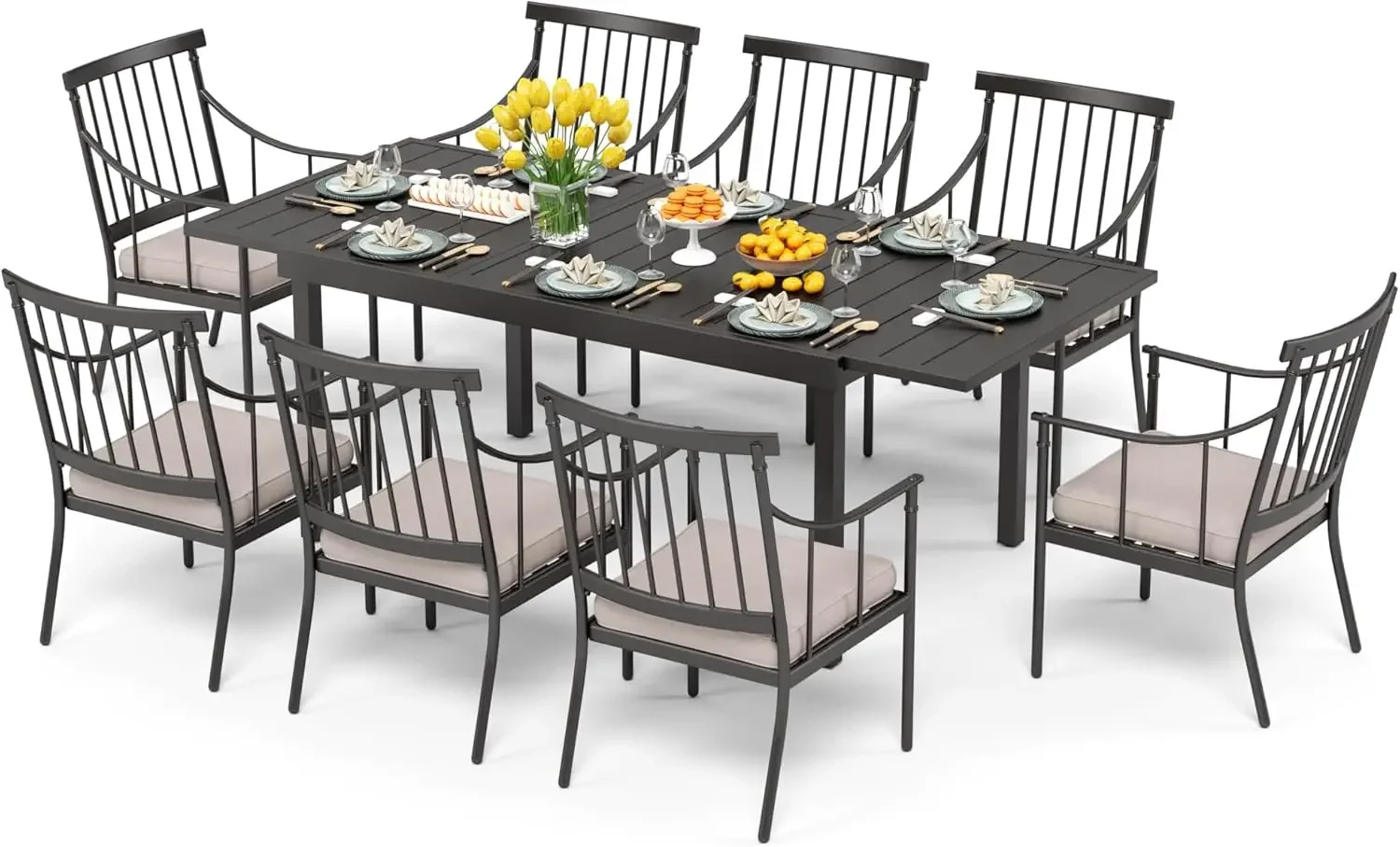 9 Piece Large Outdoor Dining Table Set, Expandable Rectangular Metal Dining Table & Cushioned Steel Chairs