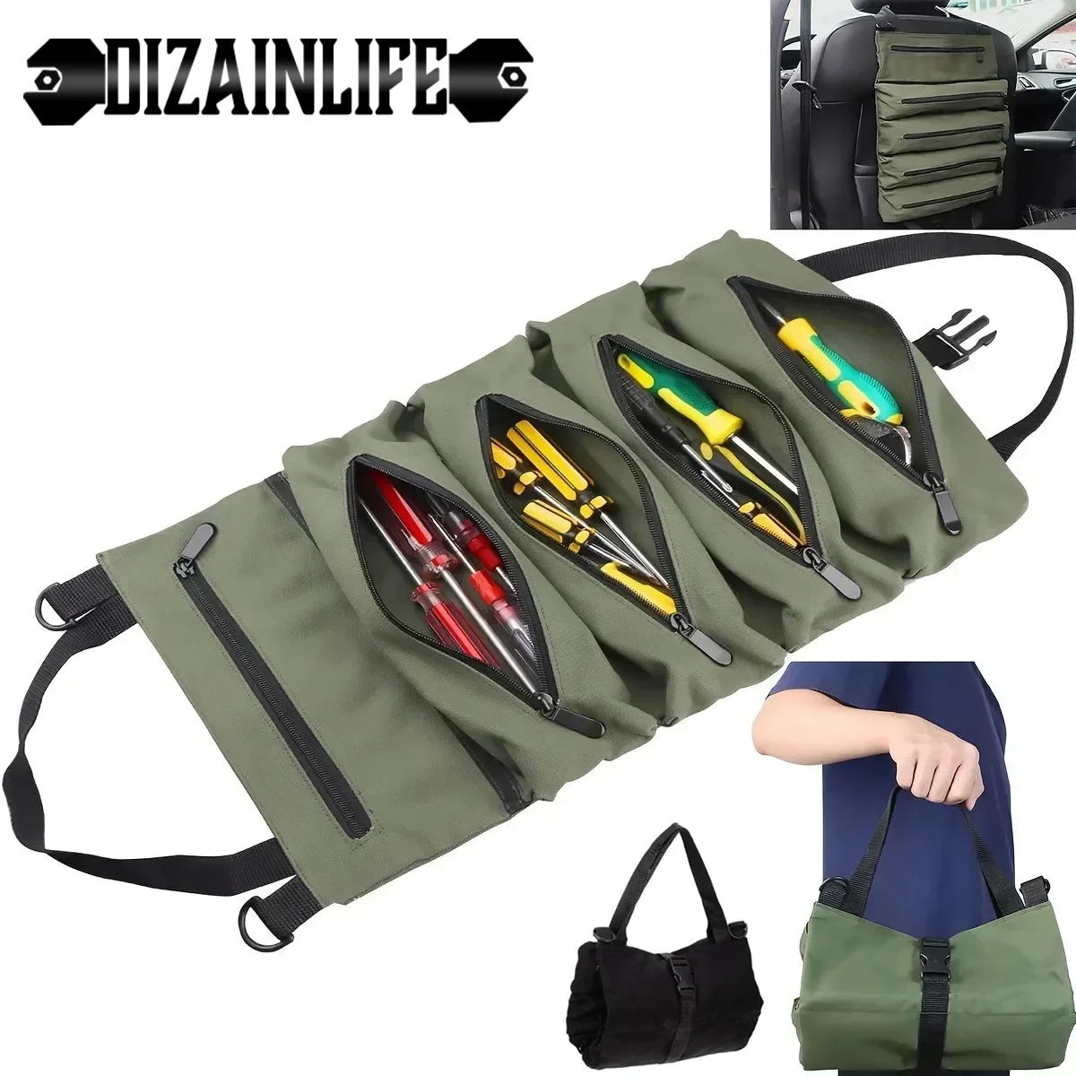 Tool Roll,Multi-Purpose Roll Up Tool Bag,Wrench Roll,Canvas Tool Organizer Bucket,Car First Aid Kit Wrap Roll Storage Case