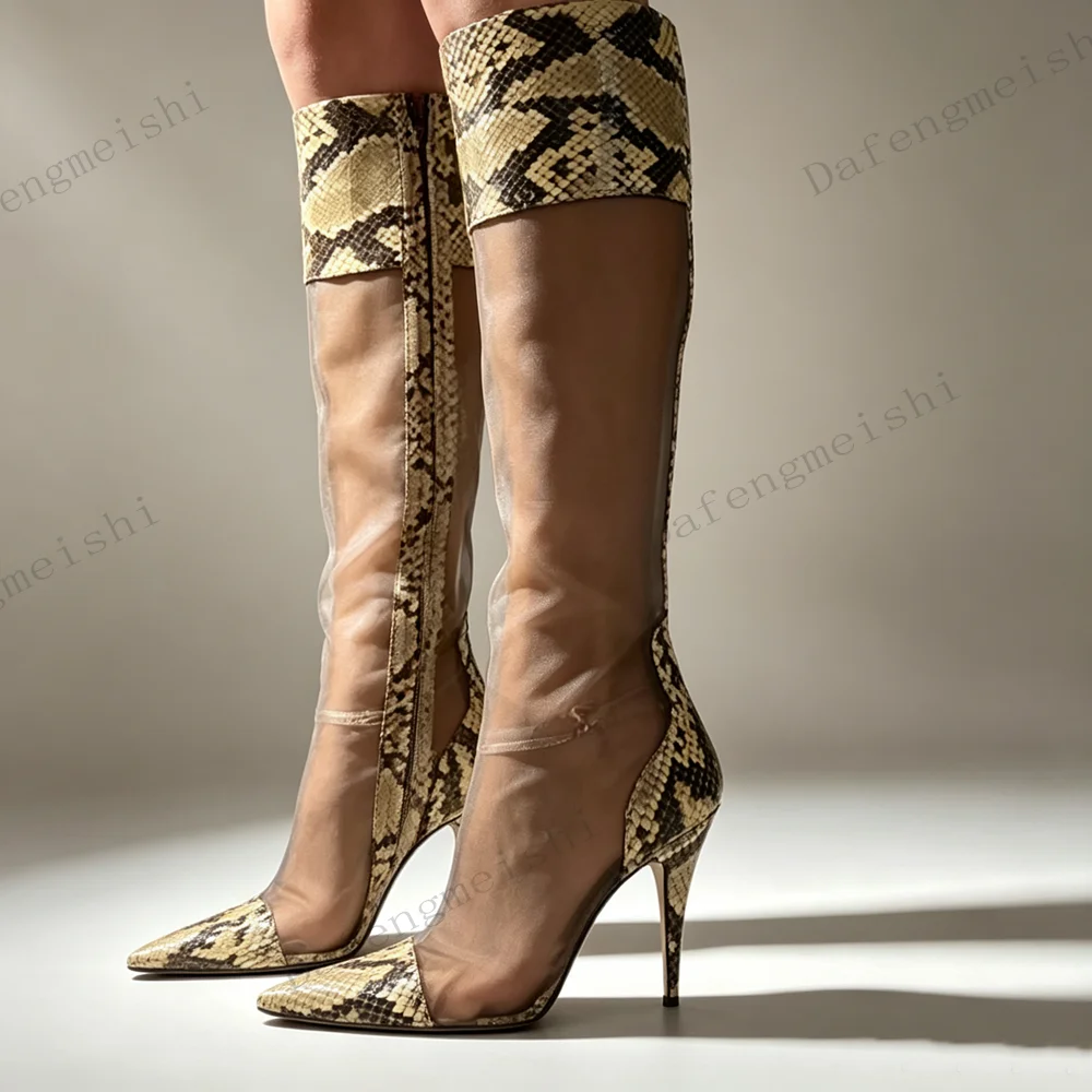 Damen-Stiefel mit Schlangenmuster, Mesh-Einsätzen, kniehoch, spitzer Zehenpartie, Stiletto-Absatz, atmungsaktives Mesh-Material, Sommerstiefel, modische, ausgeschnittene, lange Stiefel.