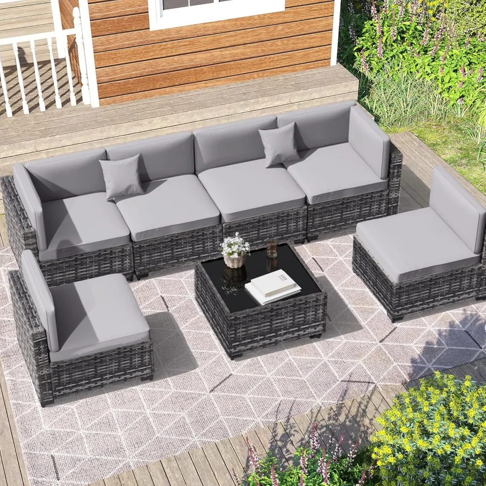 7 Piece Outdoor Patio Furniture Set, Outdoor Sectional Furniture, Rattan Chairs Glass Table Wicker Conversation Seating Sectiona