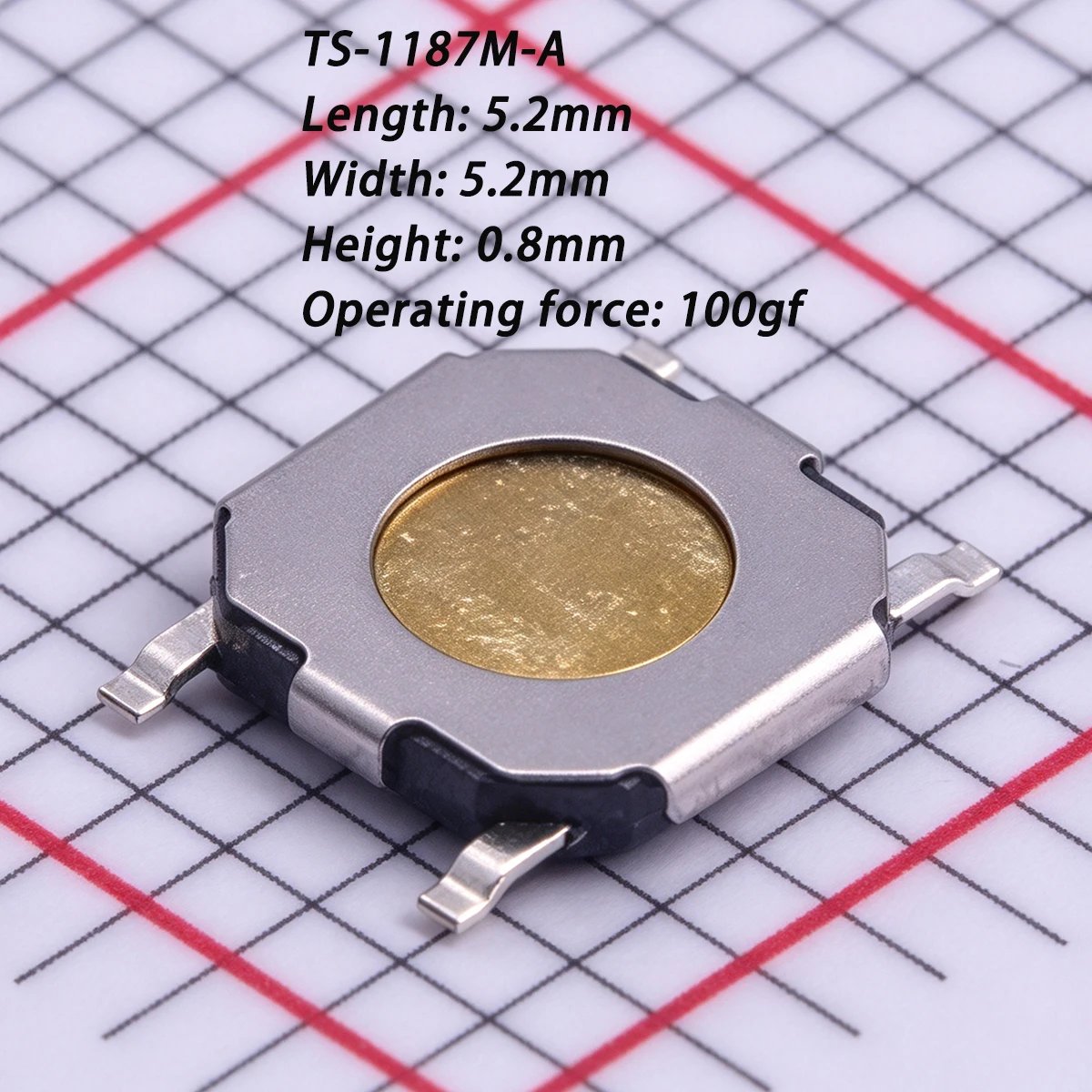 50Pcs Ts-1187M-A Tactile Switch Smd-4Pin, 5.2X5.2X0.8Mm Flat Cap 100Gf Surface Mount 1N Single Pole Single Throw Round Button 4X4X0.8 Rohs 50Ma 12Vdc 5.2*5.2*0.8mm Brand New Product